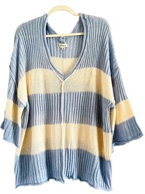 POL Striped V-Neck Oversized Sweater in Light Blue and Cream